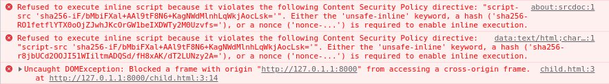 srcdoc quirks that matter in real exploits - Iframes with CSP: However, only if1 and if2 scripts are going to be executed but only if1 will be able to access the parent secret