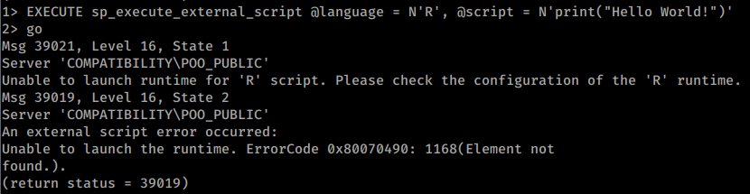 Error-based vector for SQLi - RCE/read files by executing scripts (Python and R): example showing a failed R "Hello World!" execution