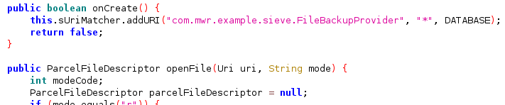 Try to infer whether first char of latest SMS body is between '0'(48) and '9'(57) - File System-backed Content Providers: Content providers could be also used to access files