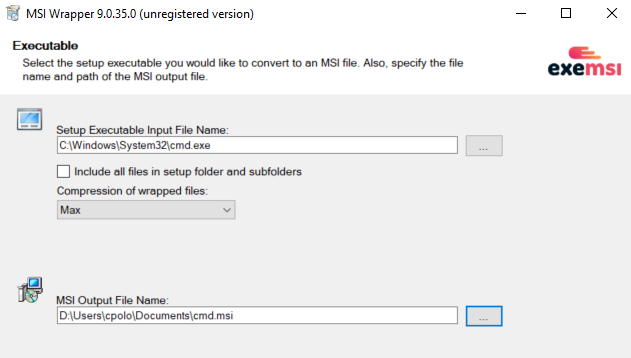 Selecting the source executable or batch script in MSI Wrapper