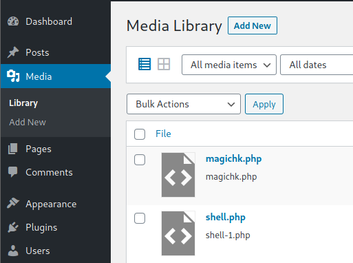 Plugin RCE - PHP plugin: Probably this won't do anything apparently, but if you go to Media, you will see your shell uploaded