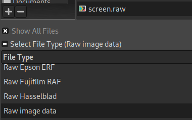 Disk Group - Video Group: To open the raw image you can use GIMP , select the screen.raw file and select as file type Raw image data