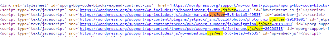 WordPress page source showing wp-content plugin paths in JavaScript links