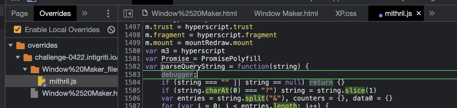 A locally overridden JavaScript file containing a debugger statement