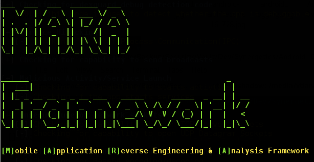 Androwarn - MARA Framework: python androwarn.py -i my application to be analyzed.apk -r html -v 3