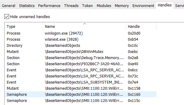 How to see handles of processes - Process Hacker: To see the handles of a process, right click in the process and select Handles