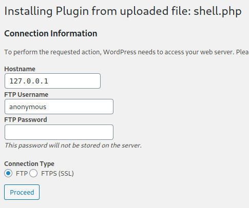 Plugin RCE - PHP plugin: Upload plugin and press Install Now