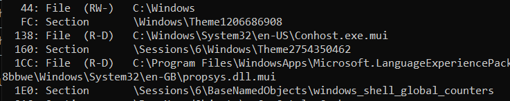 Process Hacker - Sysinternals Handles: The Handles binary from Sysinternals will also list the handles per process in the console