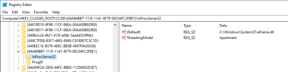 Browsers History - COM DLL Overwriting: Inside the CLSIDs of this registry you can find the child registry InProcServer32 which contains a default value pointing to a DLL and a value...