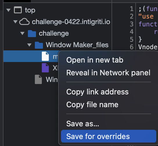 Selecting a JavaScript file in the Sources panel and saving it as a local override