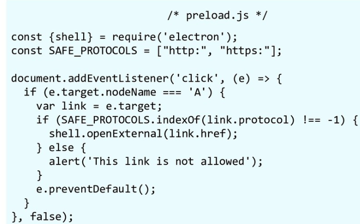 Electron contextIsolation RCE via preload code - Example 1: This code open http(s) links with default browser
