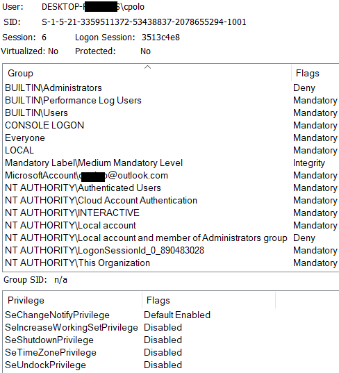Access Tokens - Access Tokens: or using Process Explorer from Sysinternals (select process and access"Security" tab)