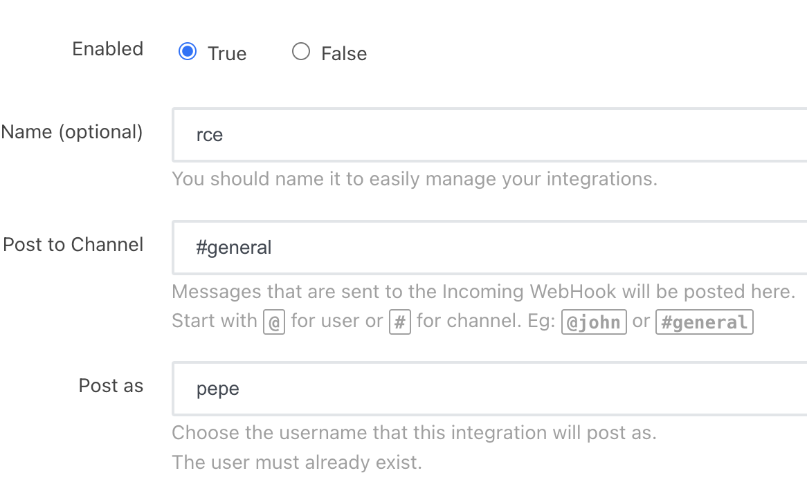 Rocket.Chat incoming webhook channel and user configuration