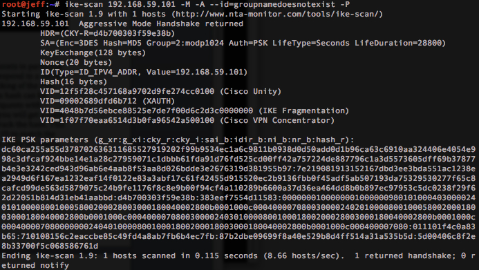 Finding the correct ID (group name) - Bruteforcing ID with ike-scan: If no hash is returned , then probably this method of brute forcing will work. If some hash is returned, this means...