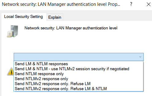 LM, NTLMv1 and NTLMv2 - GUI: Execute secpol.msc - Local policies - Security Options - Network Security: LAN Manager authentication level. There are 6 levels (from 0 to 5)
