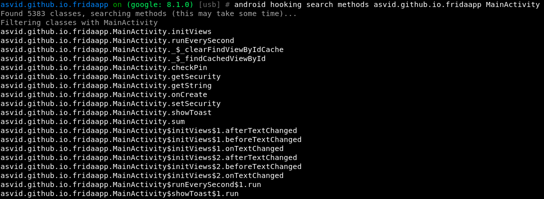 Search Classes - Search Methods of a class: android hooking search methods asvid.github.io.fridaapp MainActivity