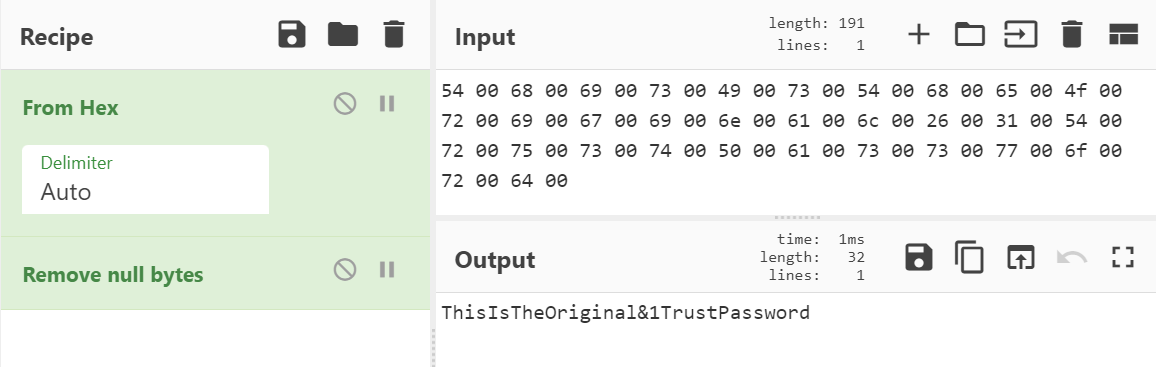 Trust Account Attack - Gathering cleartext trust password: The cleartext password can be obtained by converting the ( CLEAR ) output from mimikatz from hexadecimal and removing null...