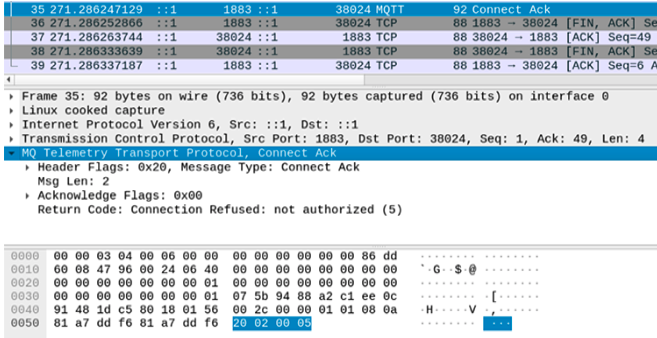 1883 - Pentesting MQTT (Mosquitto) - Inspecting the traffic: "description": "Connection Refused, not authorized"