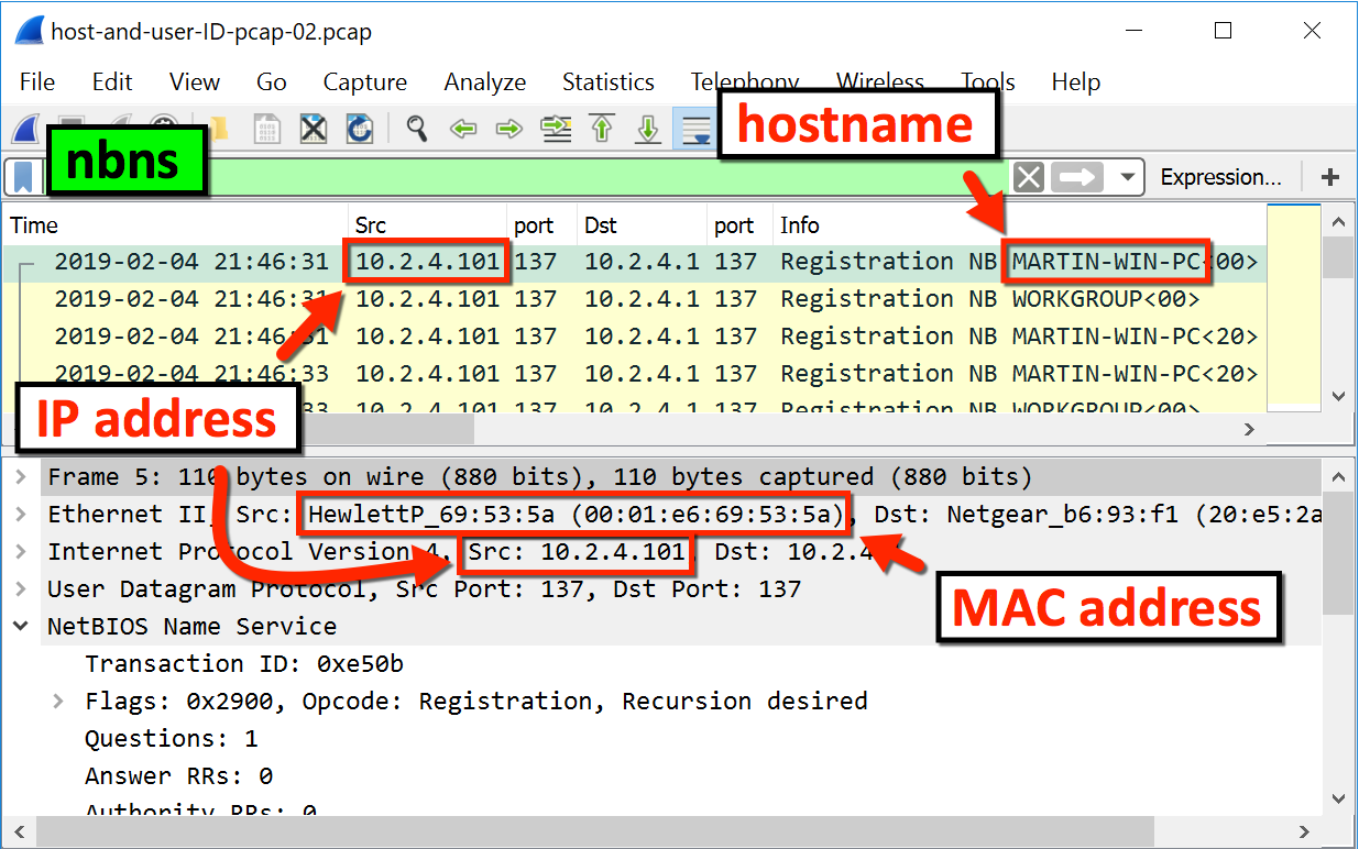 From DHCP - From NBNS: In current Wireshark instead of bootp you need to search for DHCP