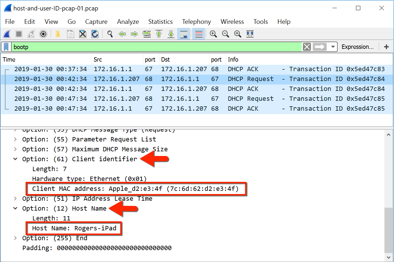 Identifying local hostnames - From DHCP: In current Wireshark instead of bootp you need to search for DHCP