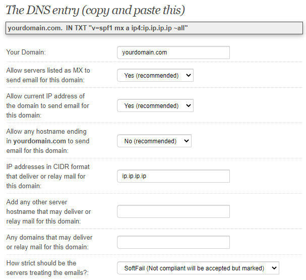 SPF Wizard form for generating an SPF record for a phishing domain