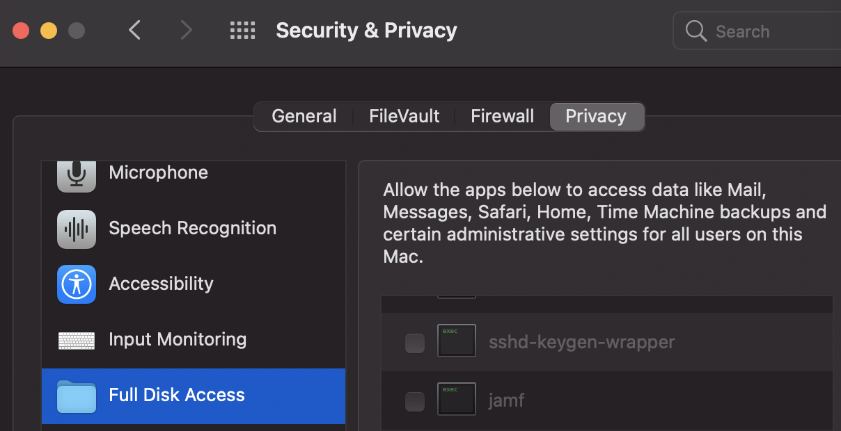 TCC Request by arbitrary name - SSH Bypass: By default an access via SSH used to have "Full Disk Access" . In order to disable this you need to have it listed but disabled (removing it...