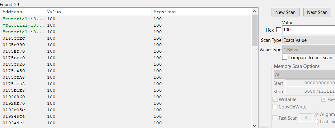 Searching the value - Through a known change: Supposing you are looking for the value 100, you perform a scan searching for that value and you find a lot of coincidences