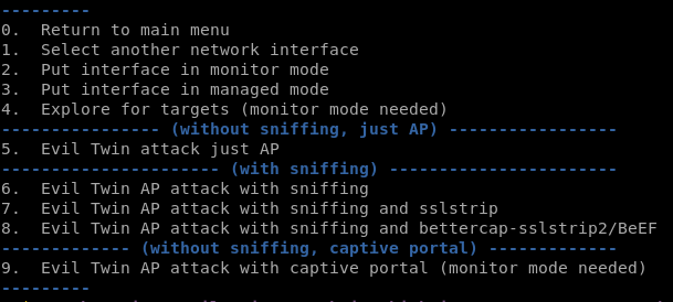 Forwarding and Redirection - Evil Twin: Or using Airgeddon: Options: 5,6,7,8,9 (inside Evil Twin attack menu)