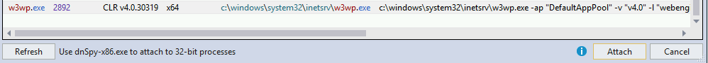 DNSpy Logging - DNSpy Debugging: Then select w3wp.exe to attach to the IIS server and click attach