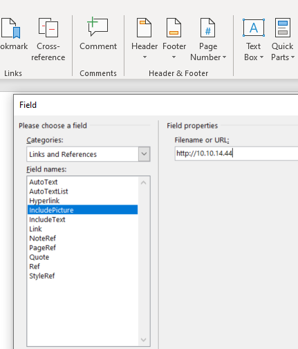 Office Documents - External Image Load: Go to: Insert -- Quick Parts -- Field