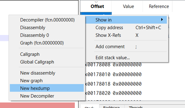 Debugging a shellcode with jmp2it - Debugging shellcode using Cutter: You can see the stack for example inside a hex dump