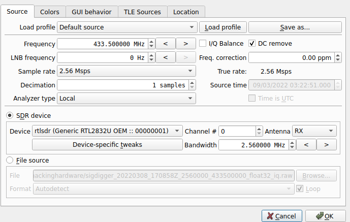 SigDigger settings showing SDR device, input file, frequency and sample rate options