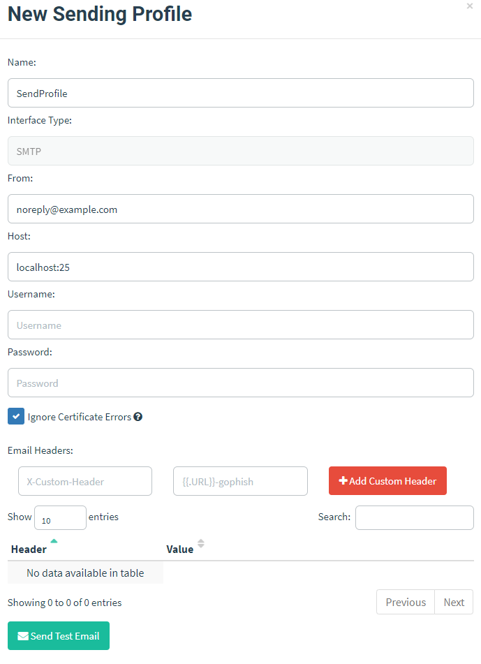 Create & Launch GoPhish Campaign - Sending Profile: You can leave blank the username and password, but make sure to check the Ignore Certificate Errors