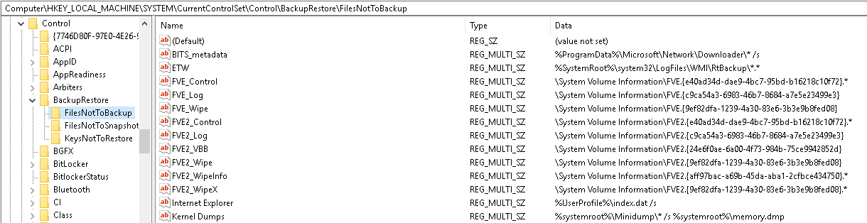 Recycle Bin - Volume Shadow Copies: The registry entry HKEY LOCAL MACHINE SYSTEM CurrentControlSet Control BackupRestore contains the files and keys to not backup