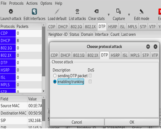 802.1Q VLAN / DTP Attacks - Dynamic Trunking: yersinia -G For graphic mode