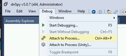 DNSpy Logging - DNSpy Debugging: Then, in order to start debugging you should close all the opened files and inside the Debug Tab select Attach to Process