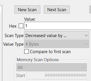 Through a known change - Unknown Value, known change: Then, make the value change, indicate how the value changed (in my case it was decreased by 1) and perform a next scan