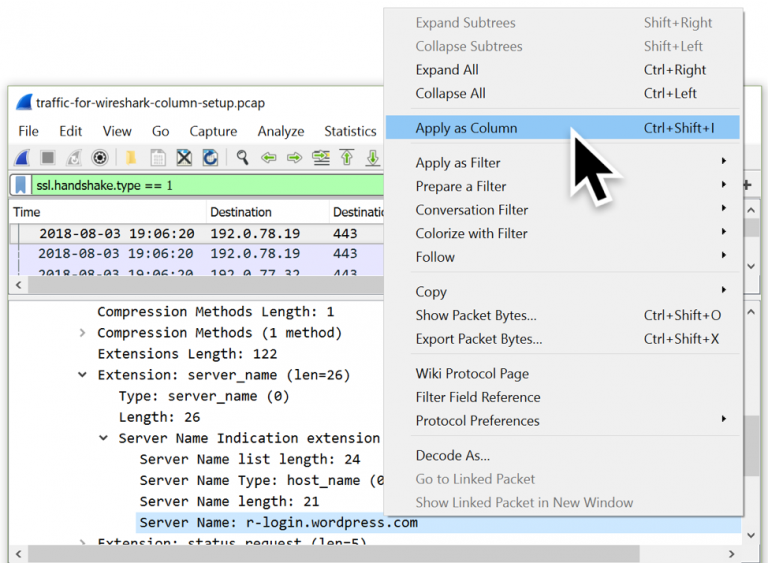 Free pcap labs - Identifying Domains: And a column that add the Server name from an initiating HTTPS connection ( tls.handshake.type == 1 )