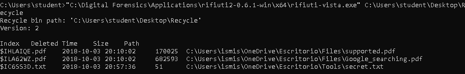 File Backups - Recycle Bin: rifiuti-vista.exe C: Users student Desktop Recycle