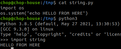 Bypass Python sandboxes - Command Execution Libraries: Python try to load libraries from the current directory first (the following command will print where is python loading modules...