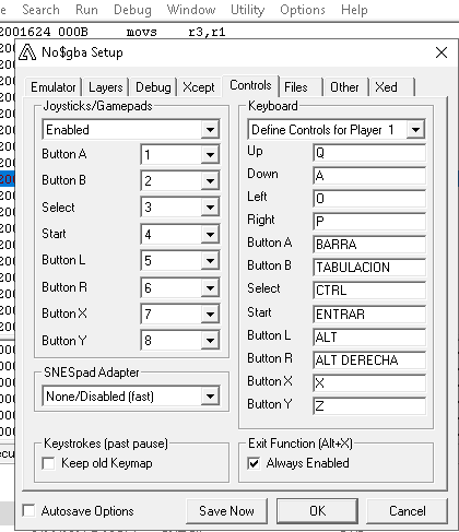 no$gba controls configuration showing Game Boy Advance button mappings