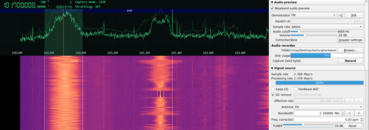 SigDigger synchronized radio channel with baseband audio preview and bandwidth configured