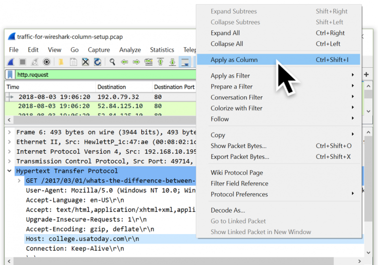 Free pcap labs - Identifying Domains: You can add a column that shows the Host HTTP header