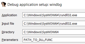 Debugging DLLs - Using IDA: Configure the parameters of the execution putting the path to the DLL and the function that you want to call